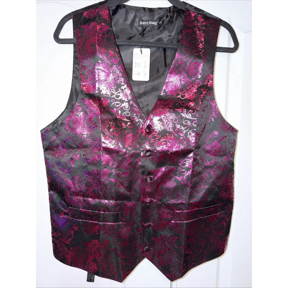 Barry Wang Vest Mens Hot Pink Paisley Satin Waistcoat Small Formal Pockets NWT